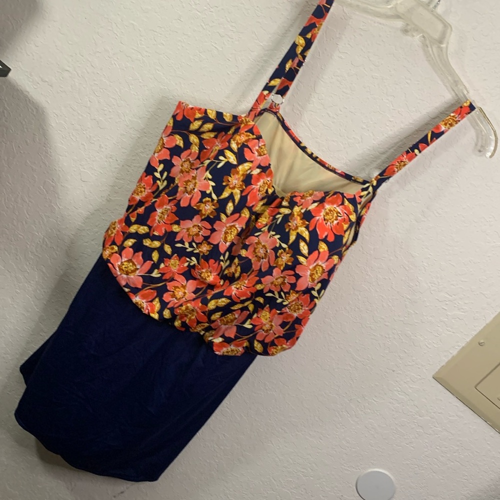 Denim&Co Navy One-Piece Swimsuit with Coral Floral Top